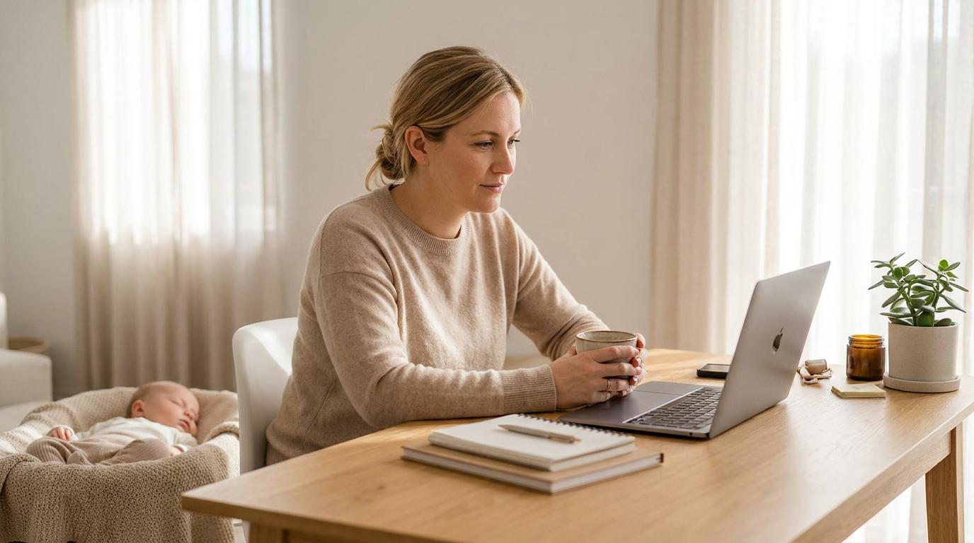 Werkende moeder combineert professionele verantwoordelijkheden en jong ouderschap in een rustige thuiswerksituatie, passend bij duurzame inzetbaarheid en werk-priv&eacute;balans.