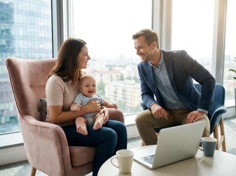 Werkgever in gesprek met jonge moeder over werk en ouderschap, gericht op betrokkenheid, duurzame inzetbaarheid en het behouden van talent binnen de organisatie.