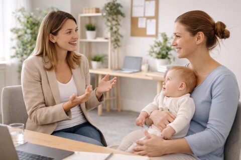 Werkgever in gesprek met jonge moeder over werk en ouderschap, gericht op betrokkenheid, duurzame inzetbaarheid en het behouden van talent binnen de organisatie.