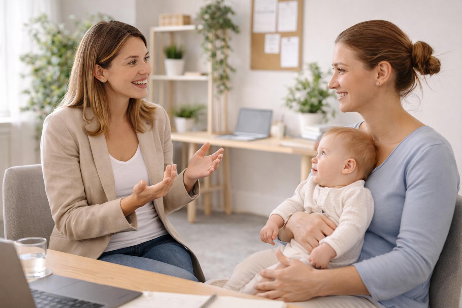 Werkgever in gesprek met jonge moeder over werk en ouderschap, gericht op betrokkenheid, duurzame inzetbaarheid en het behouden van talent binnen de organisatie.