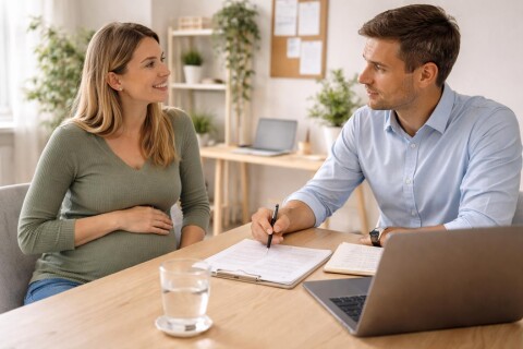 Zwangere medewerker in overleg met leidinggevende over werkplanning en duurzame inzetbaarheid, gericht op preventie van uitval en behoud van talent.