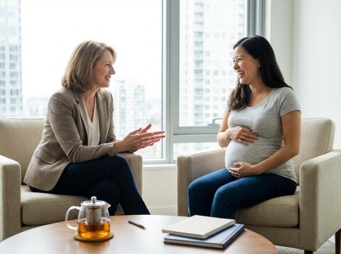 Zwangere medewerker in gesprek met een coach over werkbelasting en preventieve begeleiding om uitval te voorkomen.