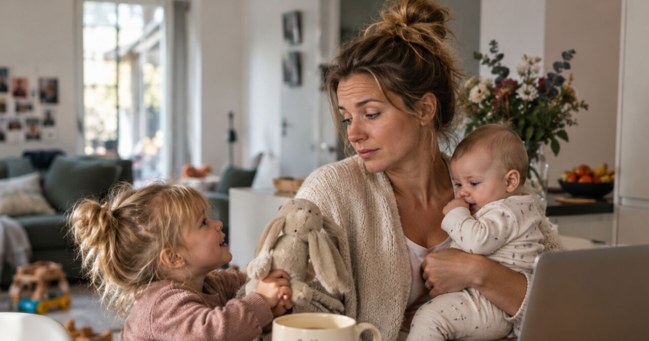 Jonge ouder met twee kleine kinderen tijdens een druk moment thuis, passend bij de uitdaging van werk en een gezin met twee jonge kinderen.