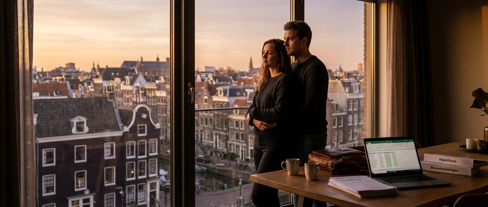 Professioneel jong stel denkt na over de combinatie van werk, financi&euml;le zekerheid en een toekomstige kinderwens in de huidige samenleving.